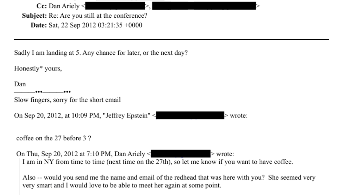 A screenshot of a 2012 email between Duke professor Dan Ariely and Jeffrey Epstein that was included in the latest release of documents known as the Epstein files.