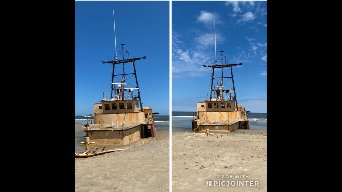 The 72-foot fishing boat Ocean Pursuit could soon vanish into the beach at Cape Hatteras National Seashore. These photos were taken Friday by Angie Maslar
