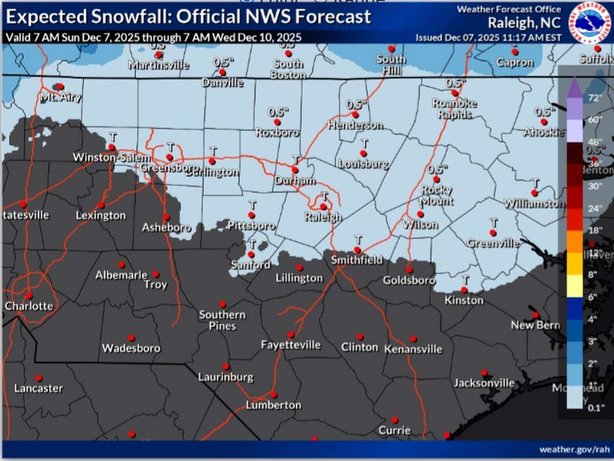 The National Weather Service says there is a 60% chance of rain and snow in the Triangle Monday afternoon.