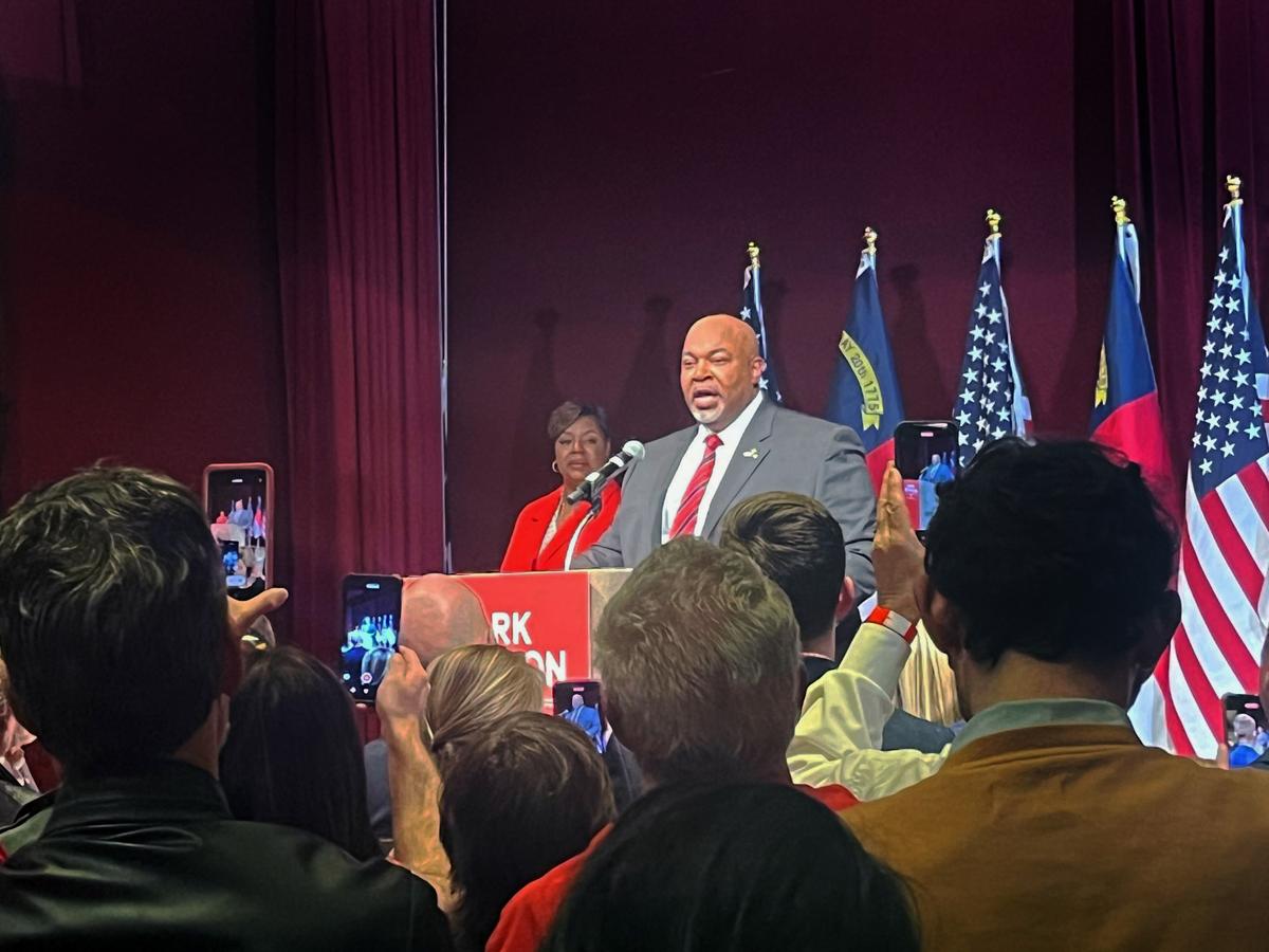 N.C. Republican Lt. Gov. Mark Robinson takes the stage on Tuesday, March 5, 2024 after winning the primary election for governor.