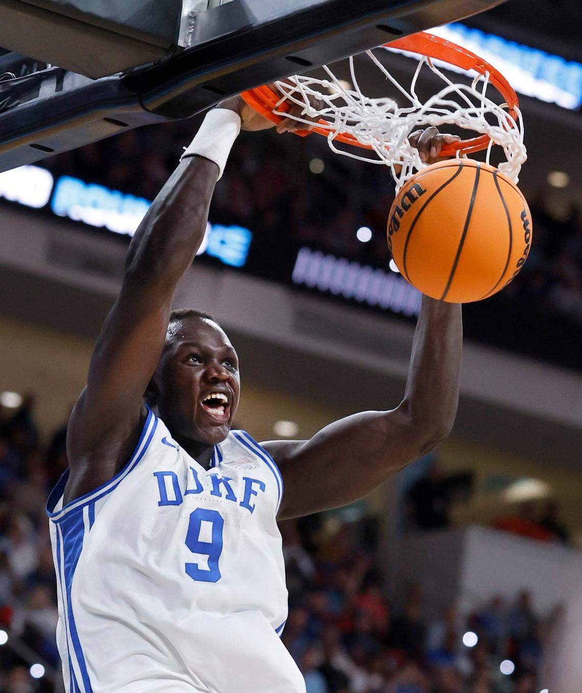 Duke’s Khaman Maluach (9) slams in two during the first half of Duke’s game against Mount St. Mary’s in the first round of the 2025 NCAA Men’s Basketball Tournament at the Lenovo Center in Raleigh, N.C., Friday, March 21, 2025.