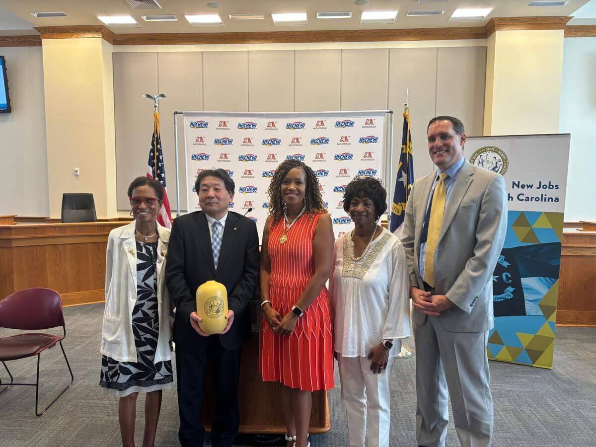 From left, North Carolina Rep. Renee Price, Morinaga Senior Executive Officer Masaki Matsumoto, NC Commerce Secretary Machelle Baker Sanders, United States Rep. Valerie Foushee, and North Carolina Sen. Graig Meyer in Hillsborough on July 16, 2024 to announce Morinaga’s second factory in Mebane.