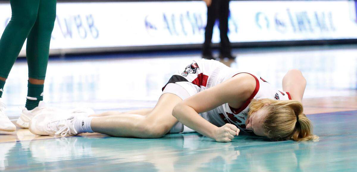 N.C. State’s Elissa Cunane (33) reacts after being injured during N.C. State’s game against Miami in the championship of the ACC women’s basketball tournament in Greensboro, N.C., Sunday, March 6, 2022.