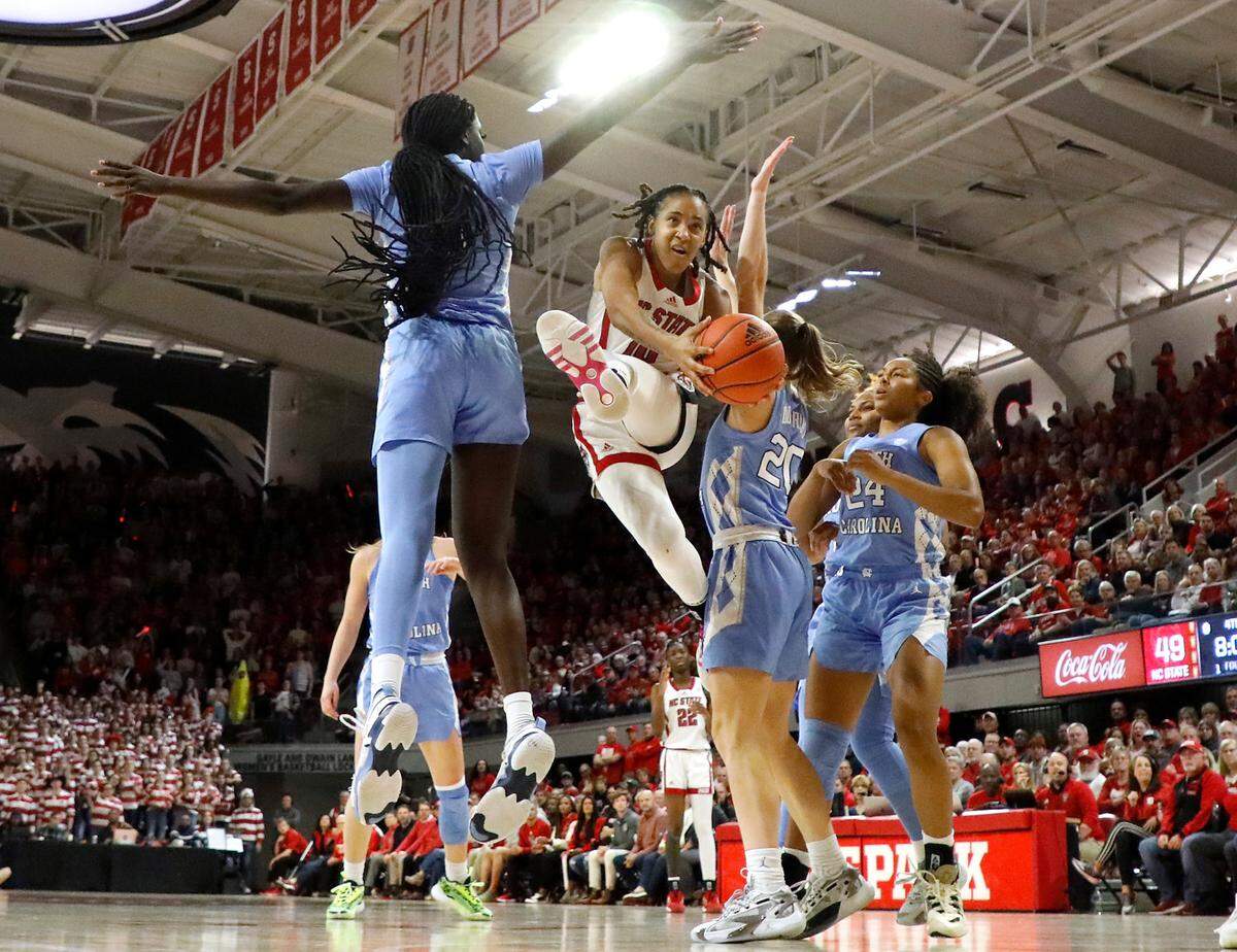 N.C. State’s Aziaha James drives to the basket during the second half of the Wolfpack’s 63-59 win over North Carolina on Thursday, Feb. 1, 2024, at Reynolds Coliseum in Raleigh, N.C.