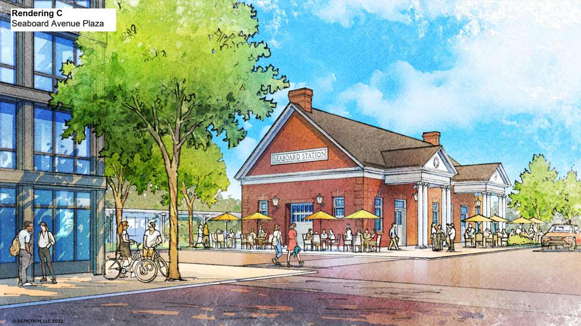 A sketch of what part of the Seaboard Station train depot might look like relocated to the north end of a proposed redevelopment of the Logan’s Garden Shop property in Raleigh. The sketch shows a vintage “Seaboard Station” sign that is currently on the building’s old baggage room, which would be demolished under the redevelopment plan.
