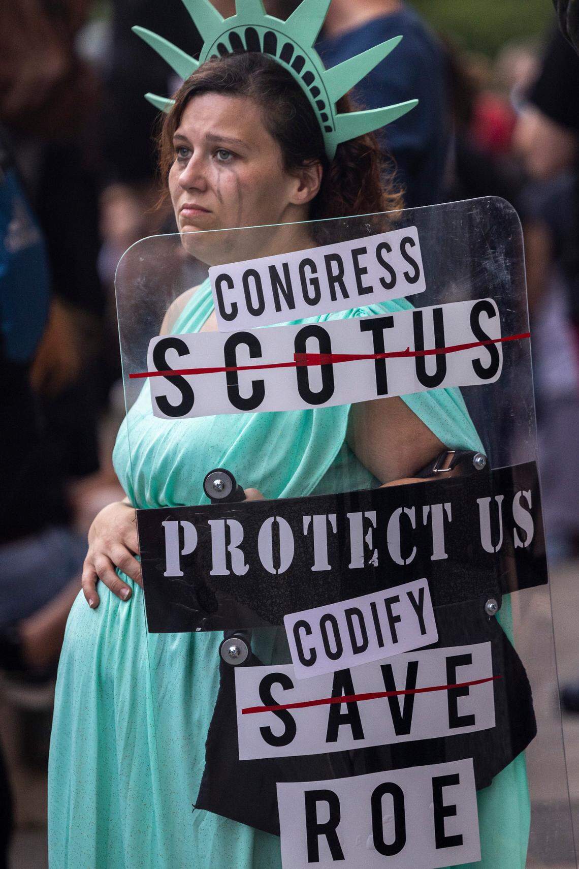 Katherine Johnson of Durham was one of hundreds who rally\ed and marched in downtown Raleigh Friday, June, 24, 2022 in opposition to the U.S. Supreme Court’s decision to overturn its landmark Roe v. Wade ruling.