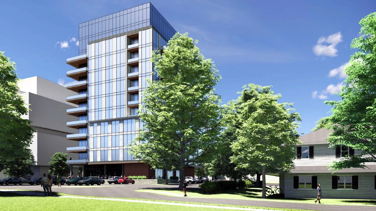 A 12-story condo building proposed for roughly a third of an acre would have a slim profile as seen in this architect’s view of the building from Henderson Street in downtown Chapel Hill, NC.