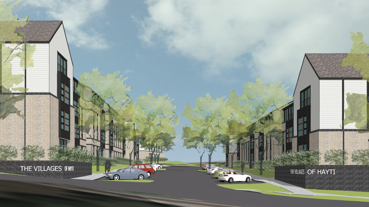 Renderings of the Villages of Hayti show the main entrance of the apartment complex at 1103 Merrick St. in Durham.