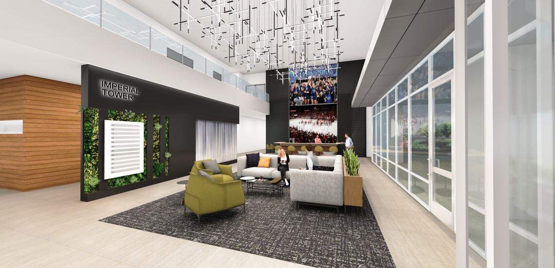 Rendering of Imperial Tower’s renovated lounge at 820 Emperor Blvd. in Durham.