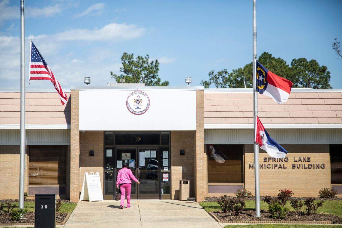 The scene outside the Spring Lake Municipal Building on March 25. The town of Spring Lake is missing nearly $500,000 after hiring a finance director with personal bankruptcies, tax liens and no resume.