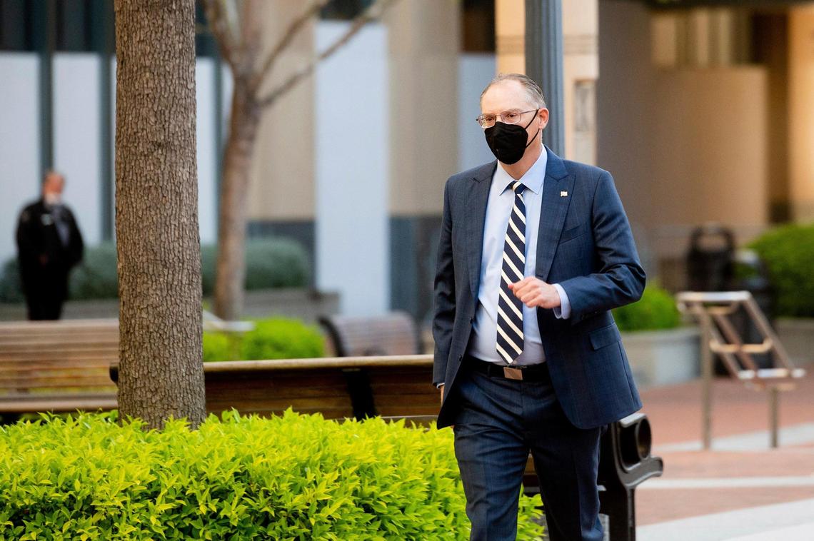 Epic Games CEO Tim Sweeney enters the Ronald V. Dellums building in Oakland, Calif., to attend his company’s federal court case against Apple, Monday, May 3, 2021. Epic, maker of the video game Fortnite, charges that Apple has transformed its App Store into an illegal monopoly.