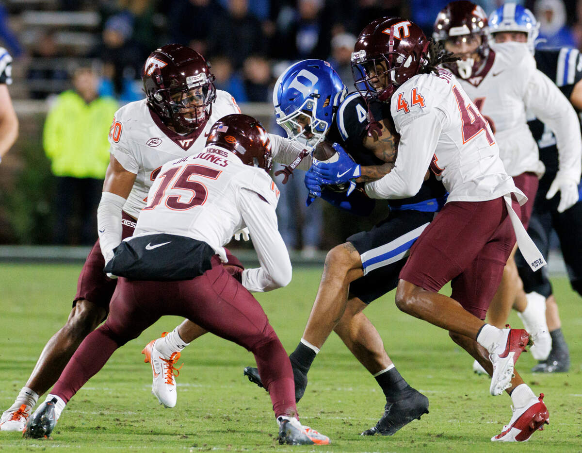 Duke’s Eli Pancol runs the ball during the first half of the Blue Devils’ 31-28 win over Virginia Tech on Saturday, Nov. 23, 2024, at Wallace Wade Stadium in Durham, N.C.