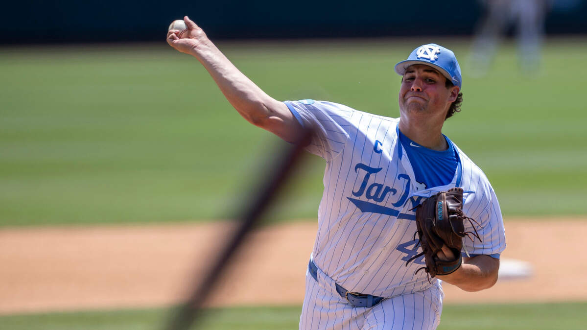 North Carolina starting pitcher Jake Knapp (42) works from the mound against Arizona left fielder Easton Breyfogle (12) in the sixth inning during the NCAA Super Regional on Friday, June 6, 2025 at Boshamer Stadium in Chapel Hill, N.C.