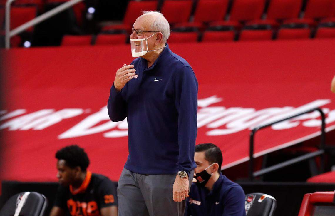 Syracuse head coach Jim Boeheim is not happy with the call during the first half of N.C. State’s game against Syracuse at PNC Arena in Raleigh, N.C., Tuesday, February 9, 2021.