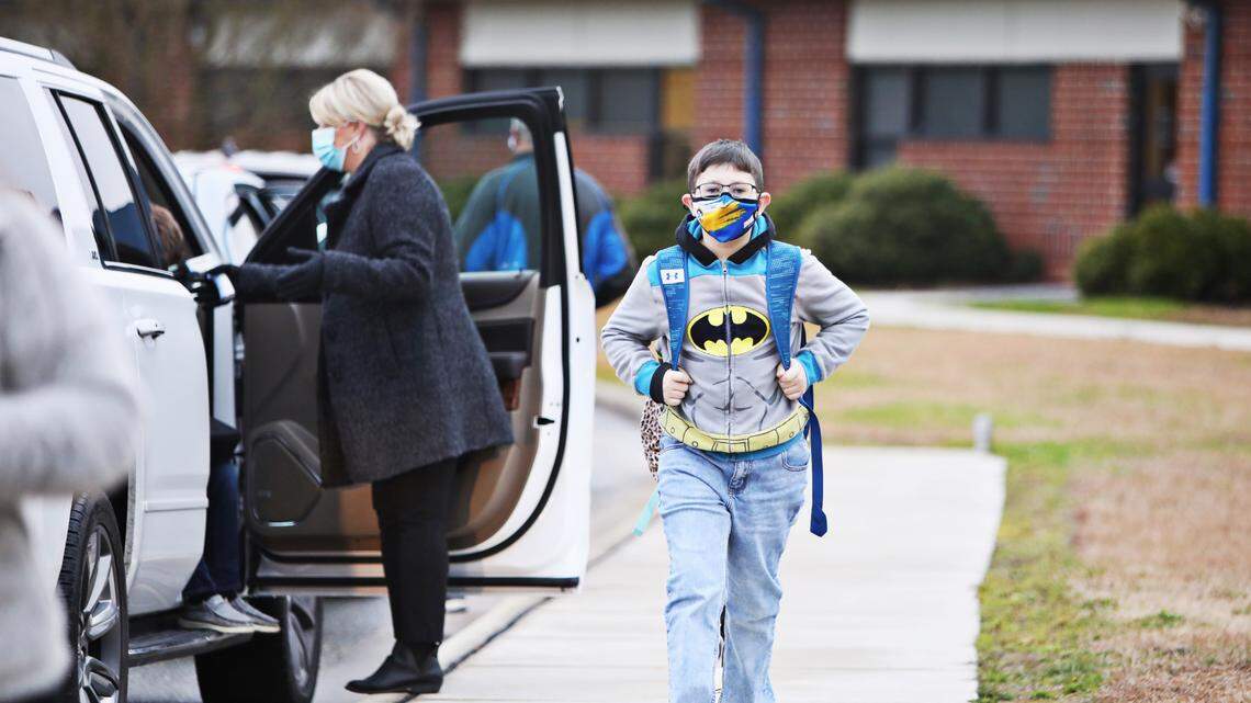 Princeton Elementary School students arrive back at school for in-person classes Monday morning, Feb. 1, 2021, in Princeton, NC. Despite lobbying from some teachers to stay with remote instruction, Johnston students across all grade levels showed up Monday for their first day of in-person classes since Dec. 14.