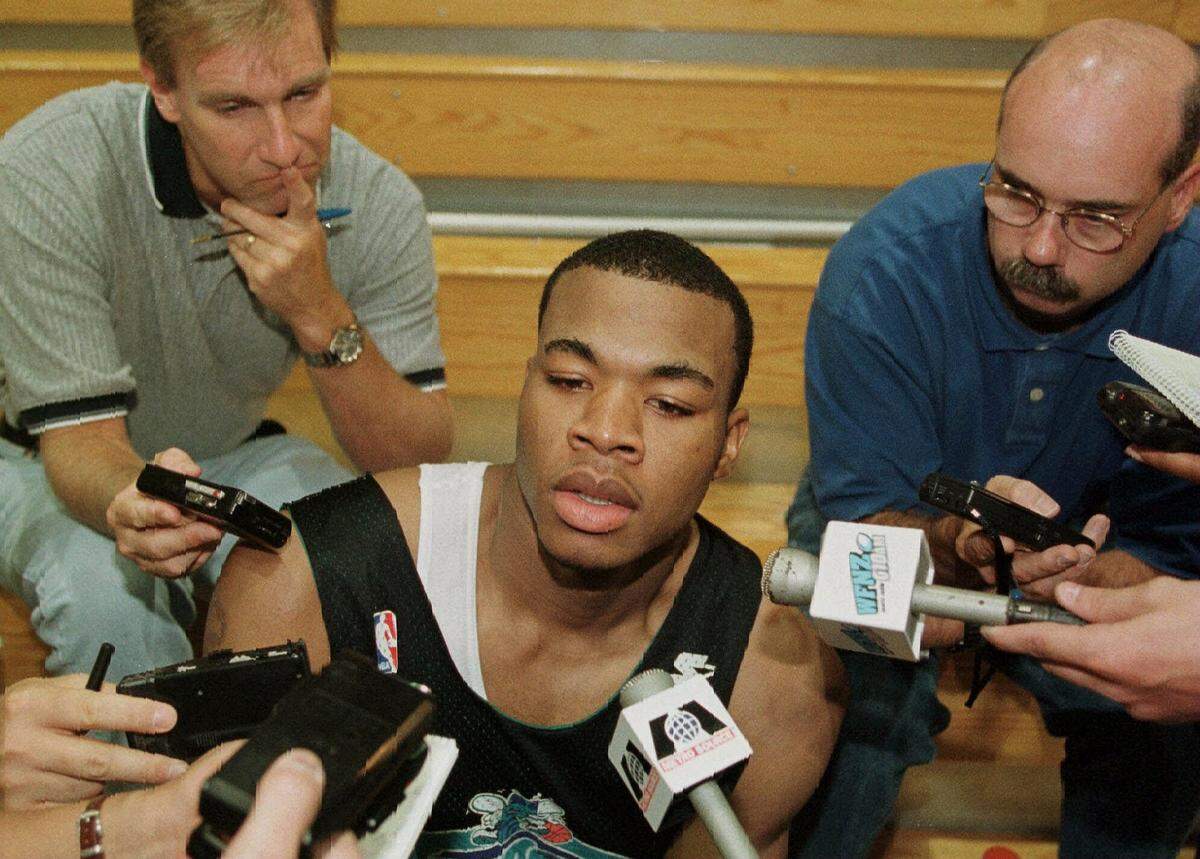 Former Duke basketball player Corey Maggette answers reporters’ questions after working out for the Charlotte Hornets at their training facility in Fort Mill, S.C., Thursday, June 24, 1999. Maggette left Duke after his freshman year to enter the NBA draft. (AP Photo/Rick Havner)