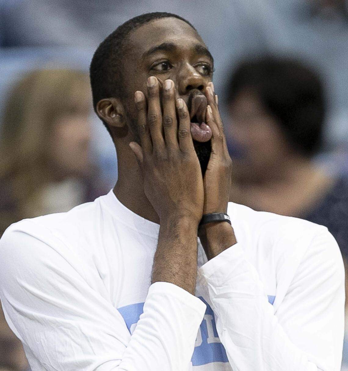 North Carolina’s Brandon Robinson (4), out with an injury, watches the second half against Gardner-Webb on Friday, November 15, 2019 at the Smith Center in Chapel Hill, N.C.