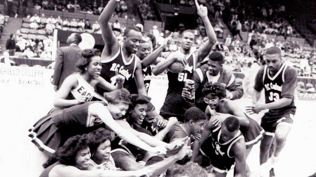 Cheerleaders and players celebrate N.C. CentralÕs 73-46 victory over Southeast Missouri State for the NCAA Division II championship.
