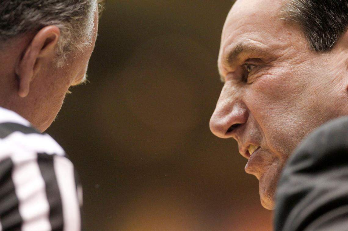 Duke’s Mike Krzyzewski has words with official Jamie Luckie during the first half of Duke’s game against Syracuse at Cameron Indoor Stadium in Durham, N.C., Saturday, February 22, 2014.