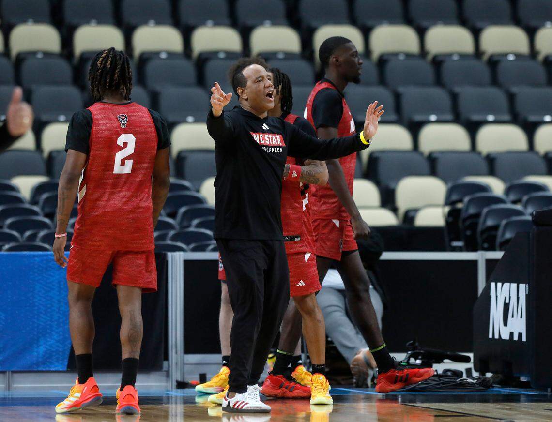 N.C. State head coach Kevin Keatts gives instructions during a practice on Wednesday, March 20, 2024, at PPG Paints Arena in Pittsburgh, Pa. The Wolfpack face sixth-seeded Texas Tech in the first round of the NCAA Tournament on Thursday.