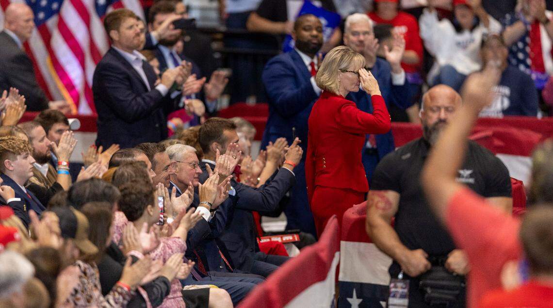 District 1 congressional candidate, former Army veteran, Laurie Buckhout salutes Republican presidential nominee, former President Donald Trump, on Wednesday, October 30, 2024 at the Rocky Mount Event Center in Rocky Mount, N.C.