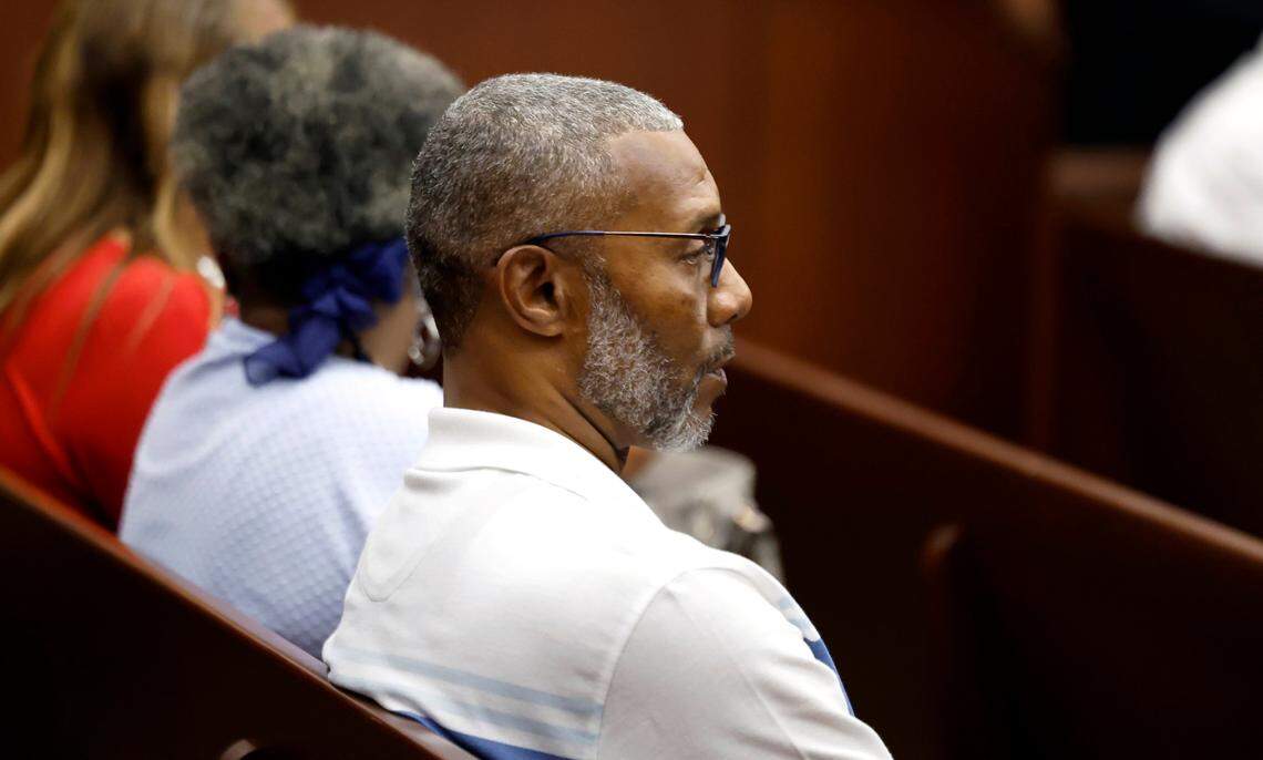 Tracey Howard, husband of Nicole Connors, who was killed in the Hedingham mass shooting in October 2022, sits in court Wednesday, Sept. 25, 2024. Howard was in court to see Alan Thompson, father of the accused Hedingham mass shooter, plead guilty to a misdemeanor charge of storing a firearm with a minor’s unsafe access. Thompson lost his son James in the Oct. 13, 2022 shooting spree in which his younger son Austin, then 15, is charged with killing five people and injuring two others. Thompson will serve a year’s unsupervised probation.