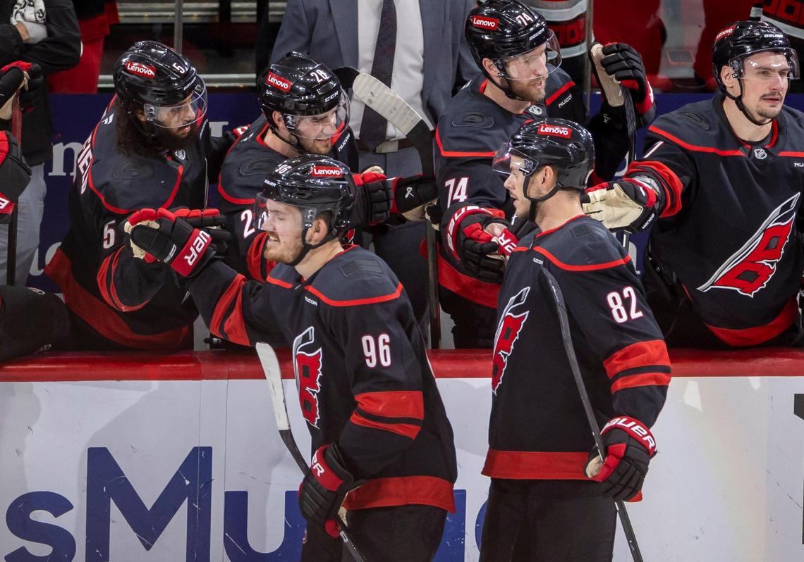 Carolina Hurricanes center Jack Roslovic (96) skates to the bench after scoring on Washington Capitals goalie Logan Thompson (48) on a power play in the second period to take a 2-0 lead during Game 3 of their series on Saturday, May 10, 2025 at Lenovo Center in Raleigh, N.C.