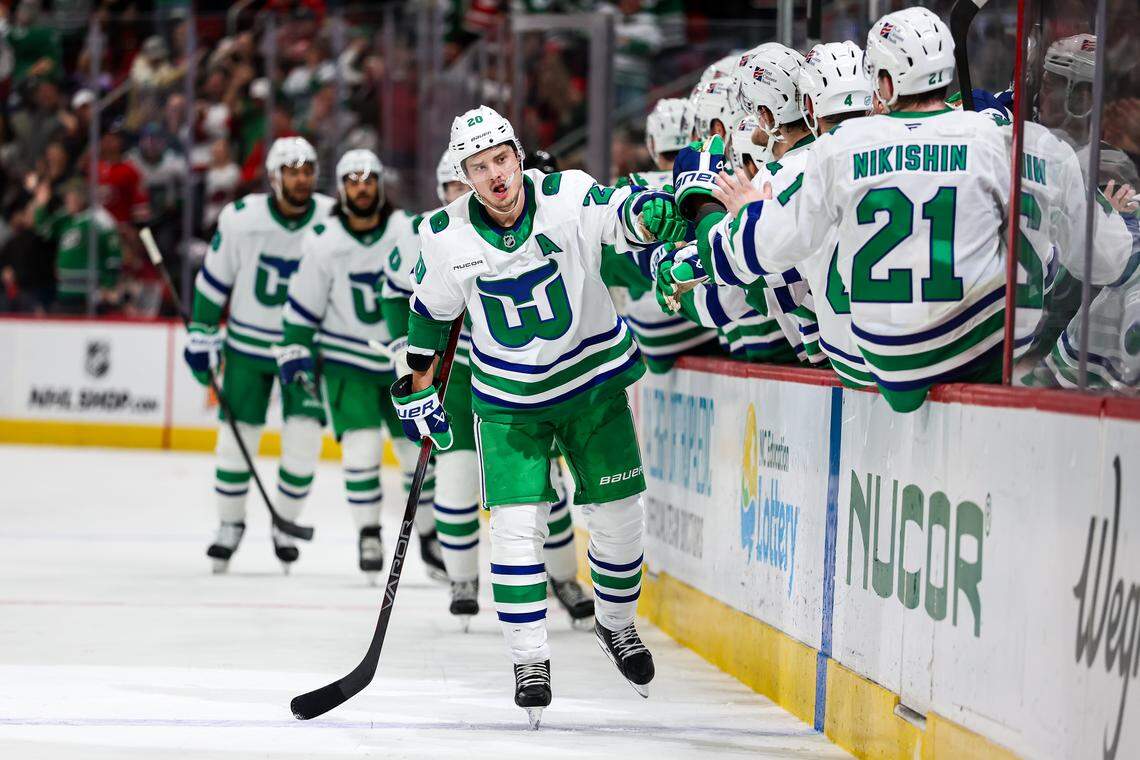 Sebastian Aho (20) of the Carolina Hurricanes celebrates after a goal during the first period against the Colorado Avalanche at Lenovo Center on Jan. 3, 2026 in Raleigh, North Carolina.