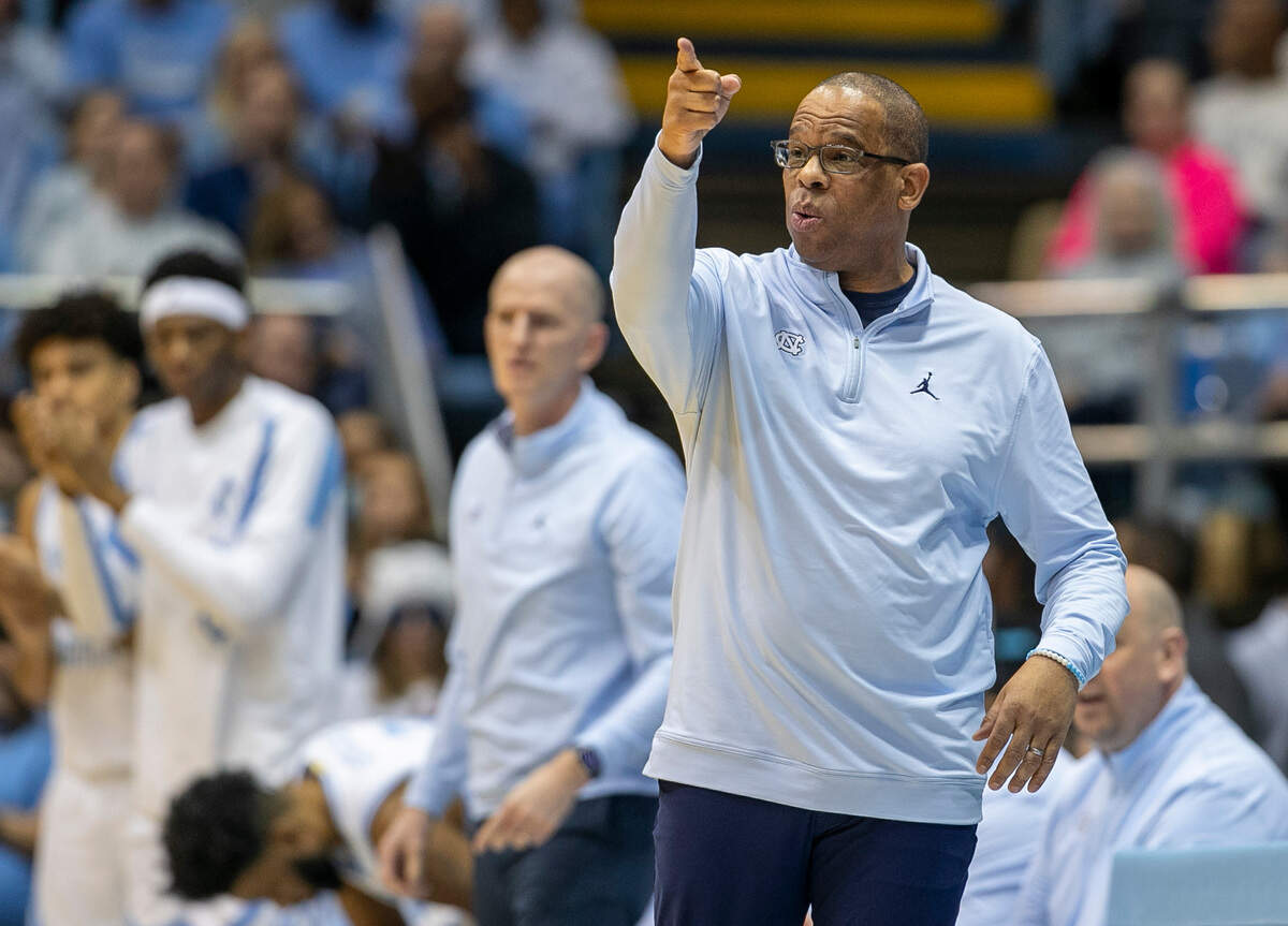 North Carolina coach Hubert Davis directs his team on offense in the first half against Notre Dame on Saturday, January 7, 2023 at the Smith Center in Chapel Hill, N.C.
