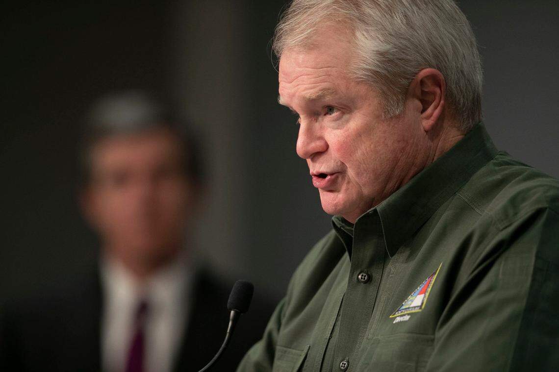 Mike Sprayberry, Director of Emergency Management speaks during a press briefing on the COVID-19 virus on Friday, May 8, 2020 at the Emergency Operations Center in Raleigh, N.C.