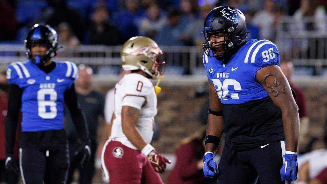 Duke’s Christian Rorie (96) reacts following a defensive stop during the first half of the Blue Devils’ 23-16 win over Florida State on Friday, Oct. 18, 2024, at Wallace Wade Stadium in Durham, N.C.