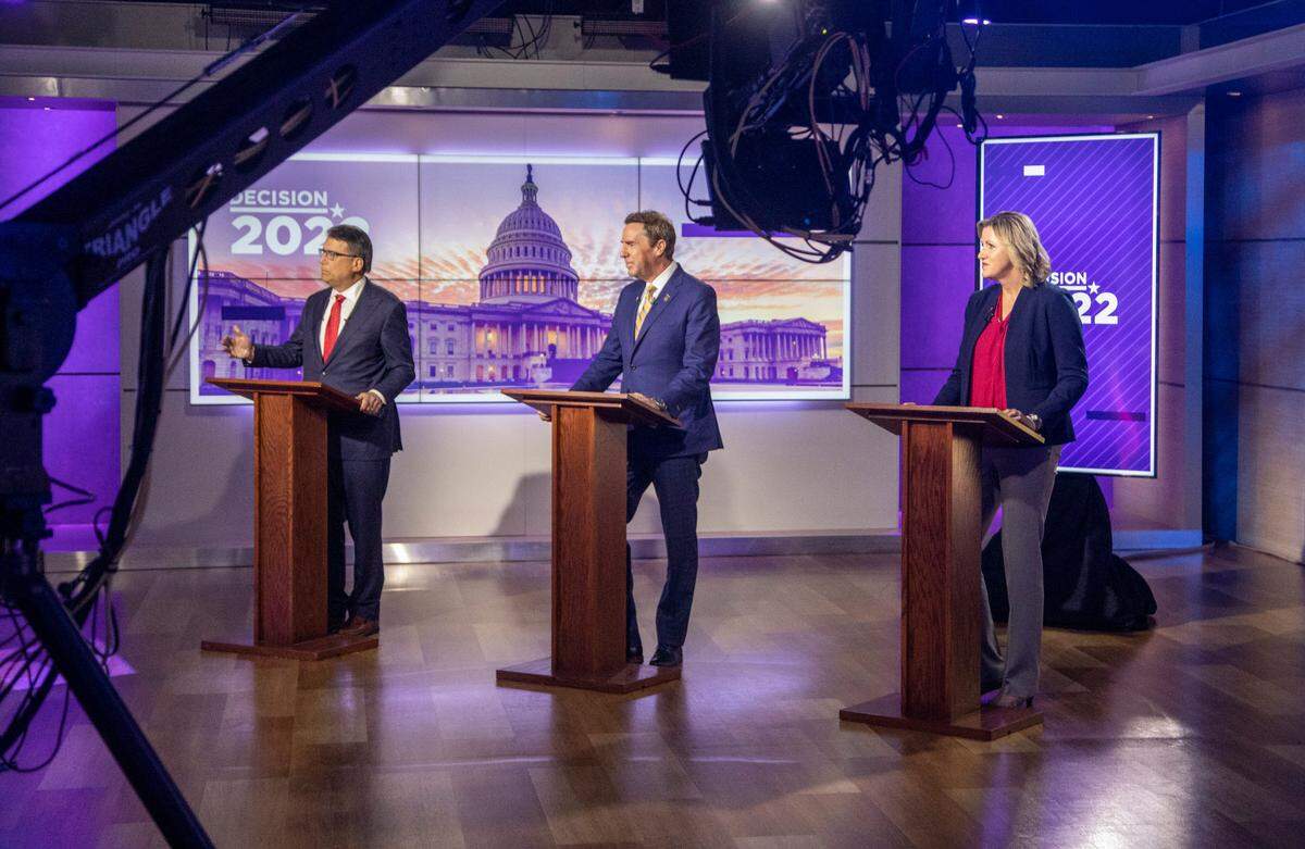 Spectrum News political anchor&nbsp;Tim Boyum moderates an hour-long debate between Republican U.S. Senate candidates Pat McCrory&nbsp;Mark Walker&nbsp;and Marjorie Eastman at the Spectrum News studio in Raleigh, NC Wednesday, April 20, 2022. Candidate&nbsp;Ted Budd&nbsp;declined to participate in the debate.
