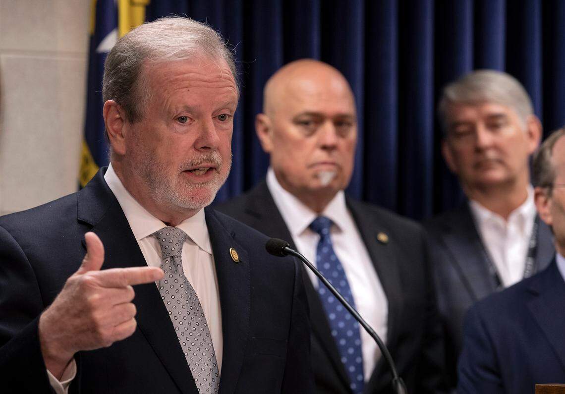 Senate leader Phil Berger, left, speaks at the Legislative Building on Monday, June 12, 2023, in Raleigh, N.C.