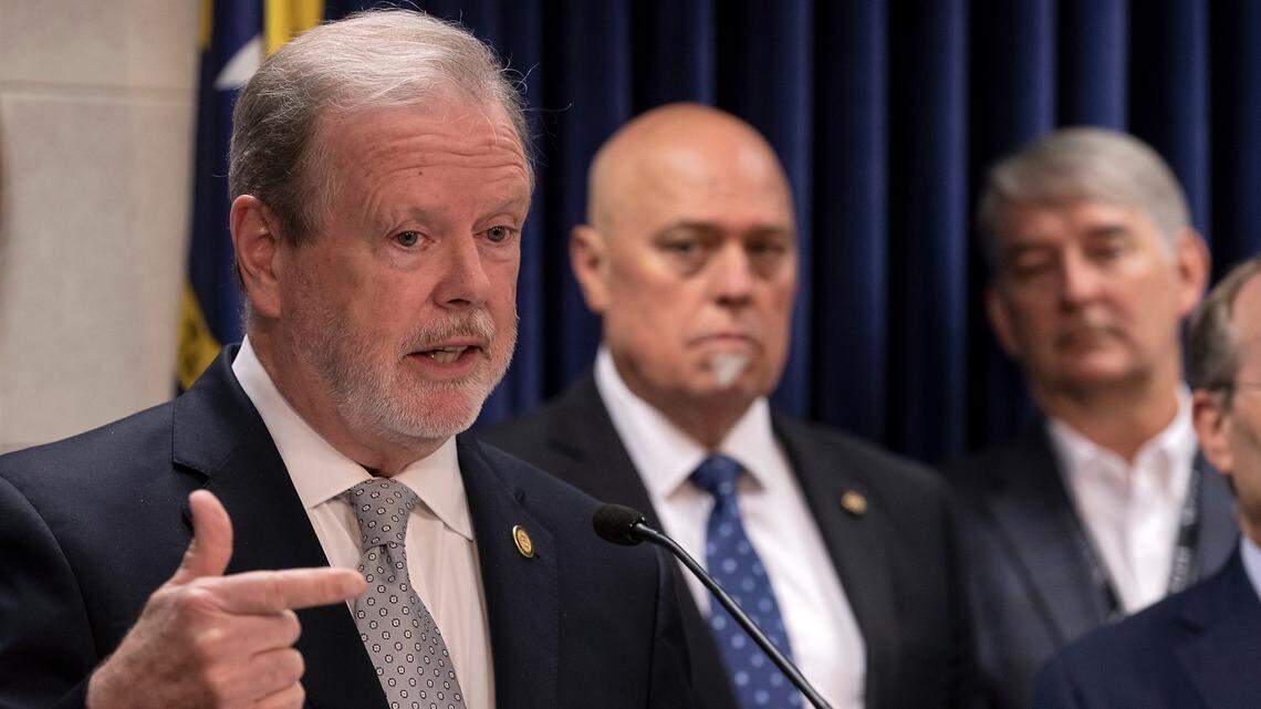 Senate leader Phil Berger, left, speaks at the Legislative Building on Monday, June 12, 2023, in Raleigh, N.C.