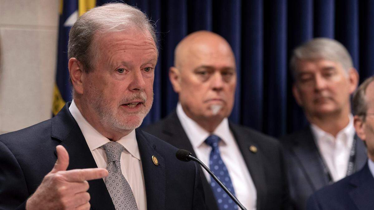 Senate leader Phil Berger, left, speaks at the Legislative Building on Monday, June 12, 2023, in Raleigh, N.C.