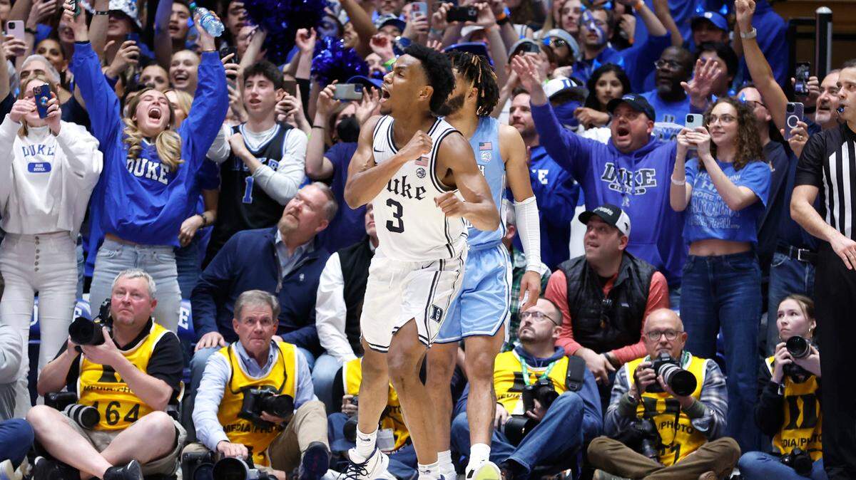 Duke’s Jeremy Roach (3) celebrates as time runs out in the game during Duke’s 63-57 victory over UNC at Cameron Indoor Stadium in Durham, N.C., Saturday, Feb. 4, 2023.