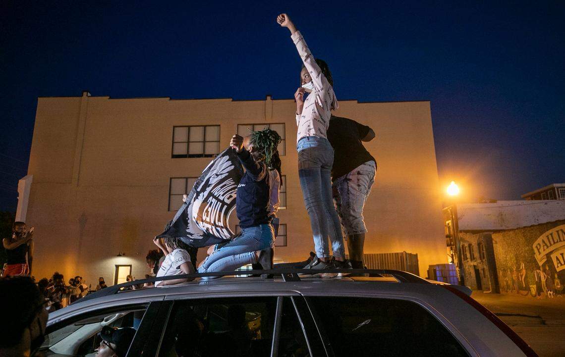 Demonstrators block Elizabeth Street at the Camden Bridge on Wednesday, April 28, 2021 in Elizabeth City, N.C. This is the eighth day of demonstrations in the wake of Andrew Brown Jr.s death at the hands of Pasquotank County deputies.