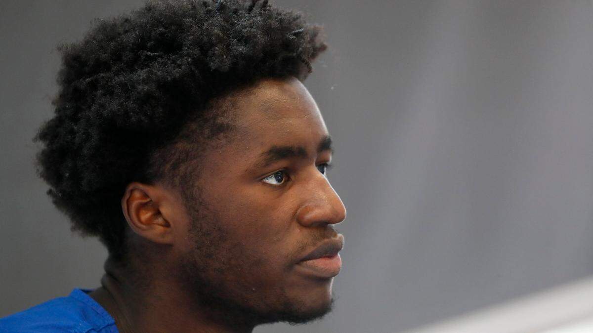 Dukes AJ Griffin (21) listens to a question during Duke mens basketball media day in Durham, N.C., Tuesday, September 28, 2021.