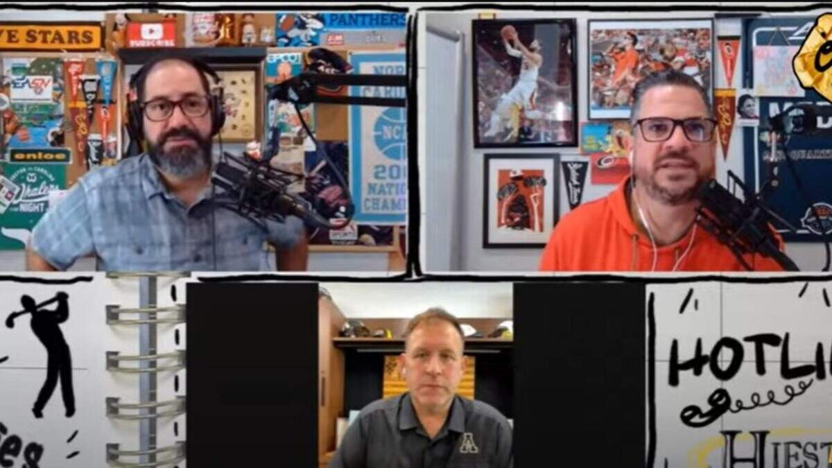 Joe Ovies (left) and Joe Giglio (right) welcome App State head coach Shawn Clark to the show ahead of their trip to Chapel Hill.
