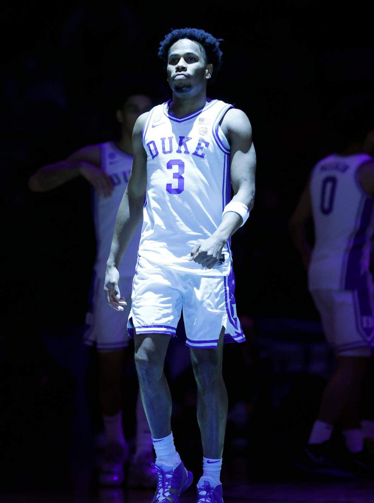 Duke’s Jeremy Roach (3) walks onto the court during team introductions before Duke’s game against Vermont in the first round of the NCAA Tournament at the Barclays Center in Brooklyn, N.Y., Friday, March 22, 2024. 