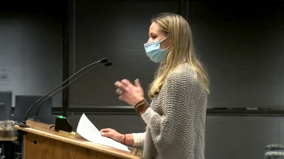 Danielle Smith speaks at the Nov. 30, 2021 Wake County school board public hearing against a proposal that would move children out of Abbotts Creek Elementary School in Raleigh, NC.