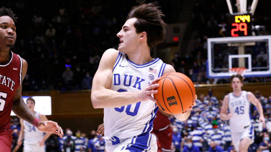 Duke’s Michael Savarino (30) during the Blue Devils’ victory over S.C. State at Cameron Indoor Stadium in December 2021.