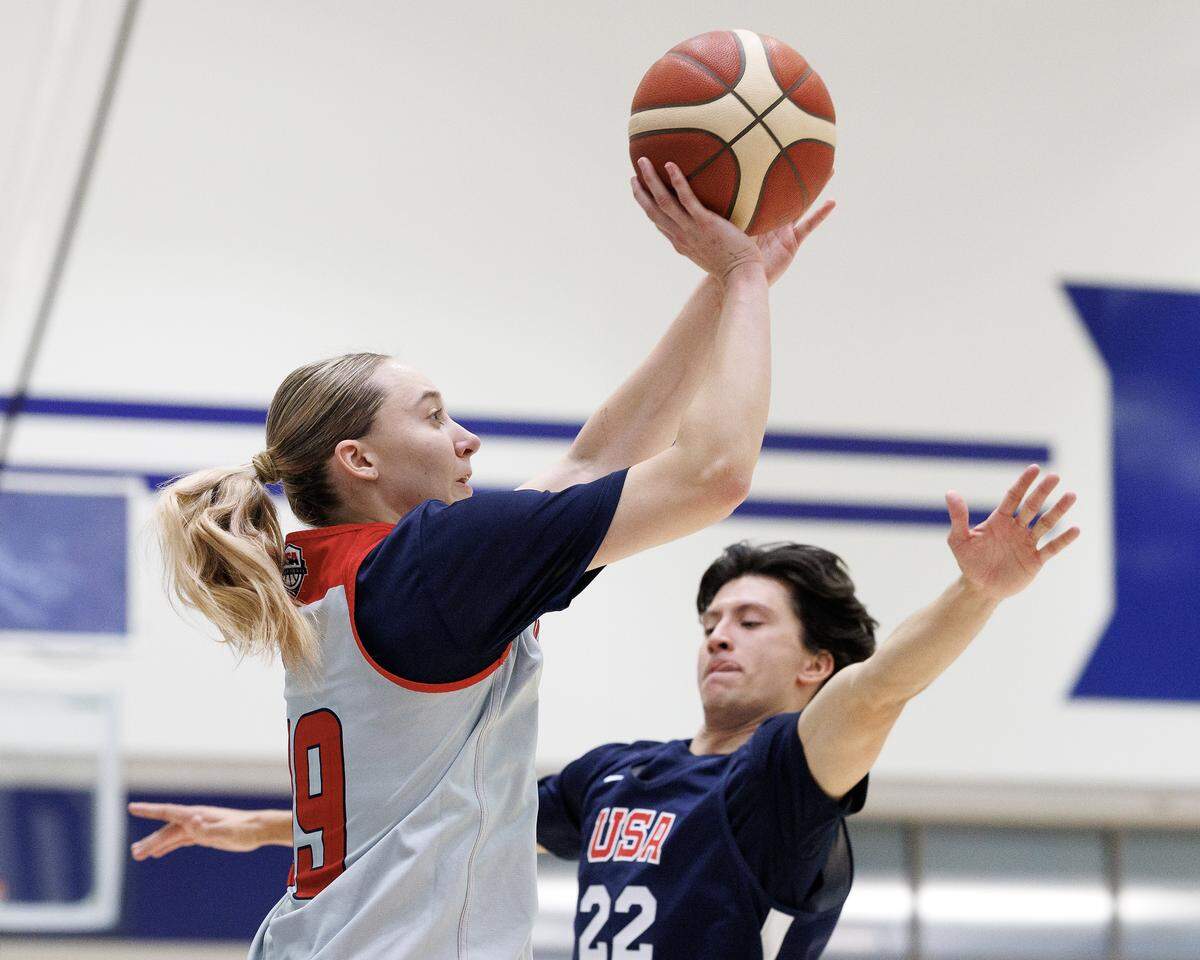 Paige Bueckers looks to shoot during USA Basketball Women’s National Team training camp on Friday, Dec. 12, 2025, in Durham, N.C.