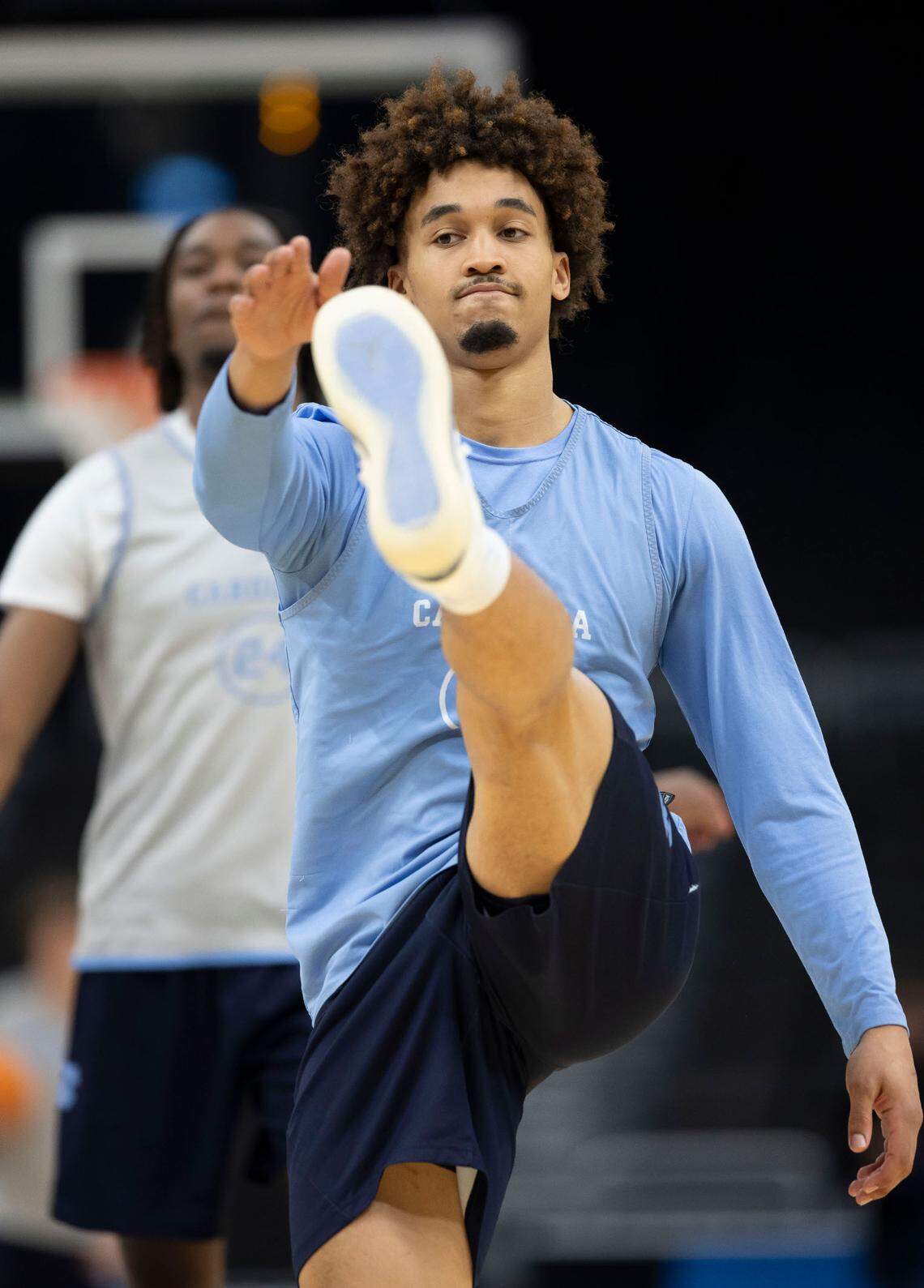 North Carolina guard Seth Trimble (7) stretches during the Tar Heels’ practice on Thursday, March 20, 2025 at Fiserv Forum in Milwaukee, Wisconsin.