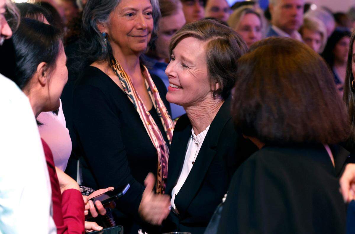 State Sen. Rachel Hunt greets supporters during a North Carolina Democratic Party election night event at the Marriott City Center in Raleigh, N.C., Tuesday, Nov. 5, 2024.