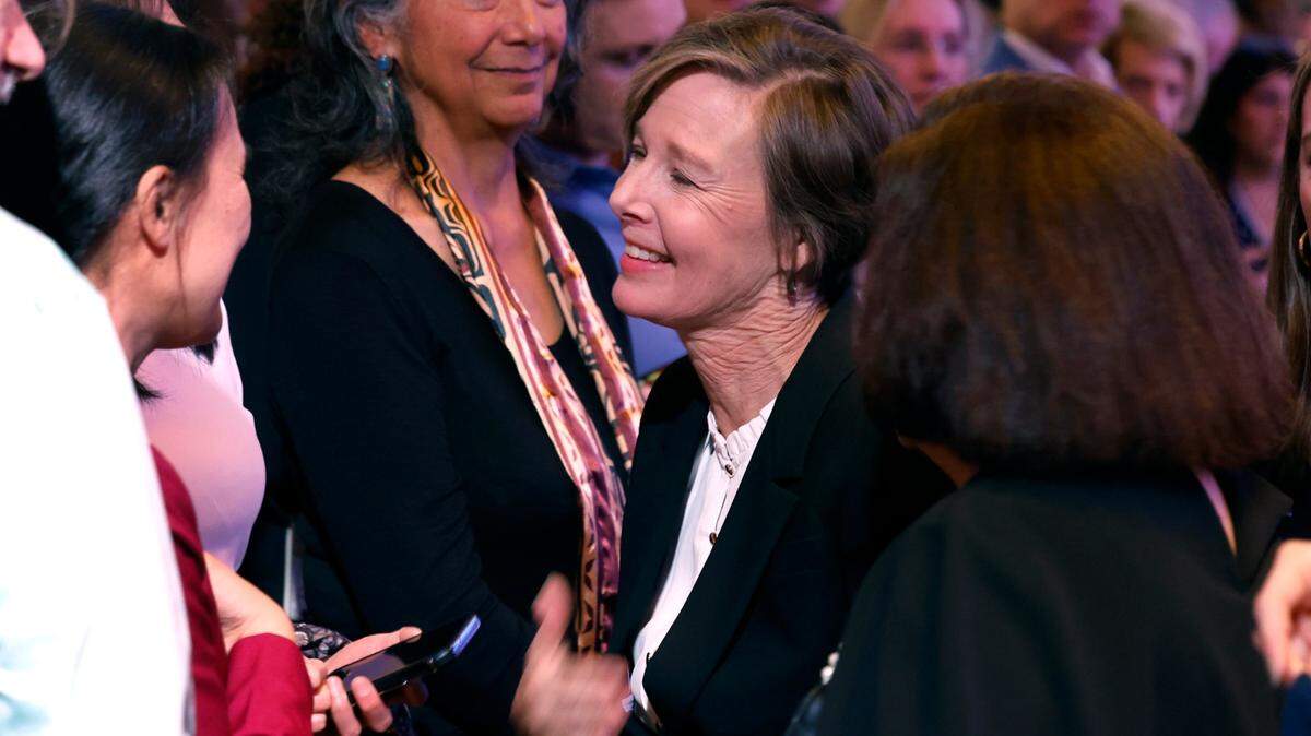 State Sen. Rachel Hunt greets supporters during a North Carolina Democratic Party election night event at the Marriott City Center in Raleigh, N.C., Tuesday, Nov. 5, 2024.