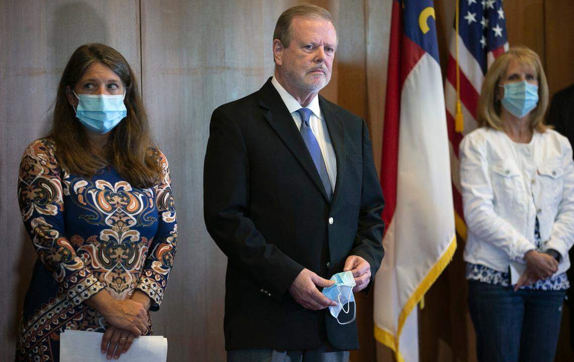 Sen. Phil Berger, flanked by Michele Morrow, left and Dr. Tracy Taylor, right, during a press conference at the General Assembly on Wednesday, September 16, 2020 in Raleigh, N.C., where GOP leaders called for the immediate reopening of the North Carolina schools for in-person learning.