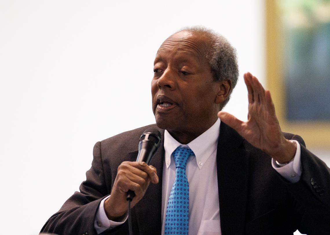 Rep. Abe Jones, a Wake County Democrat, speaks during a debate prior to a vote to override Gov. Roy Cooper’s veto of a budget bill at the General Assembly in Raleigh on Tuesday, Nov. 19, 2024.