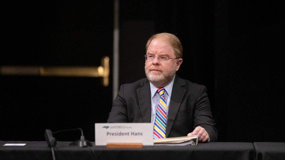 UNC System President Peter Hans listens during a meeting of the UNC System Board of Governors’ University Governance committee on Wednesday, April 17, 2024, in Winston-Salem, N.C.