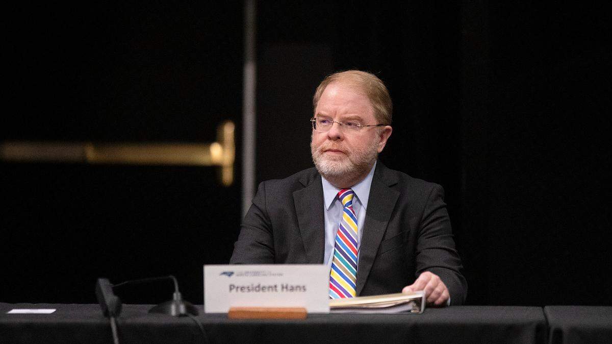 UNC System President Peter Hans listens during a meeting of the UNC System Board of Governors’ University Governance committee on Wednesday, April 17, 2024, in Winston-Salem, N.C.